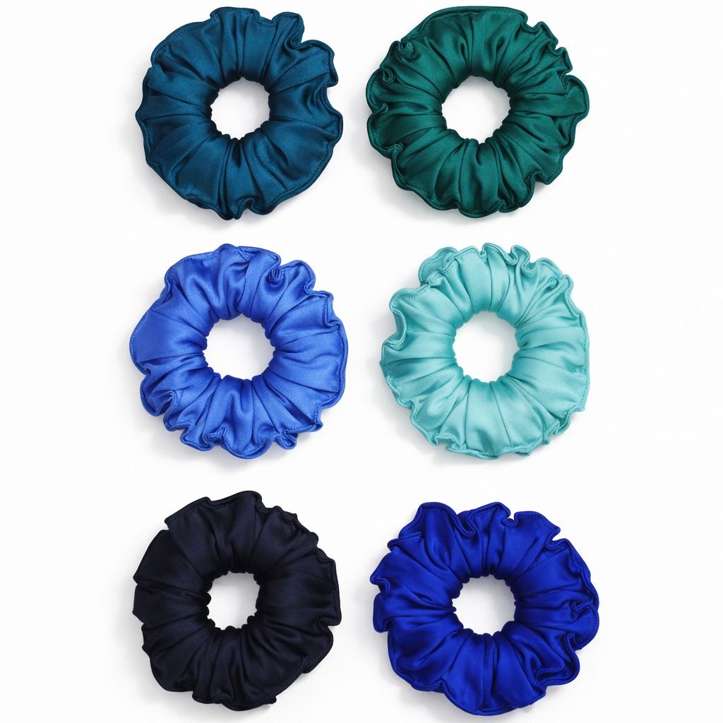 Set of six blue shades satin scrunchies