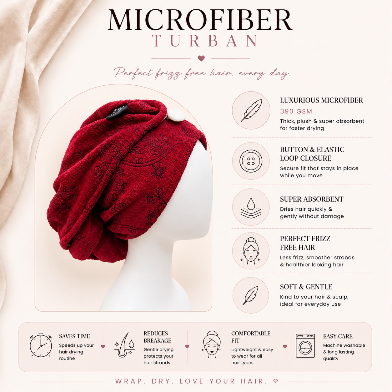 390 GSM Microfiber Hair Turban for Curly & Wavy Hair - Hair Wrap