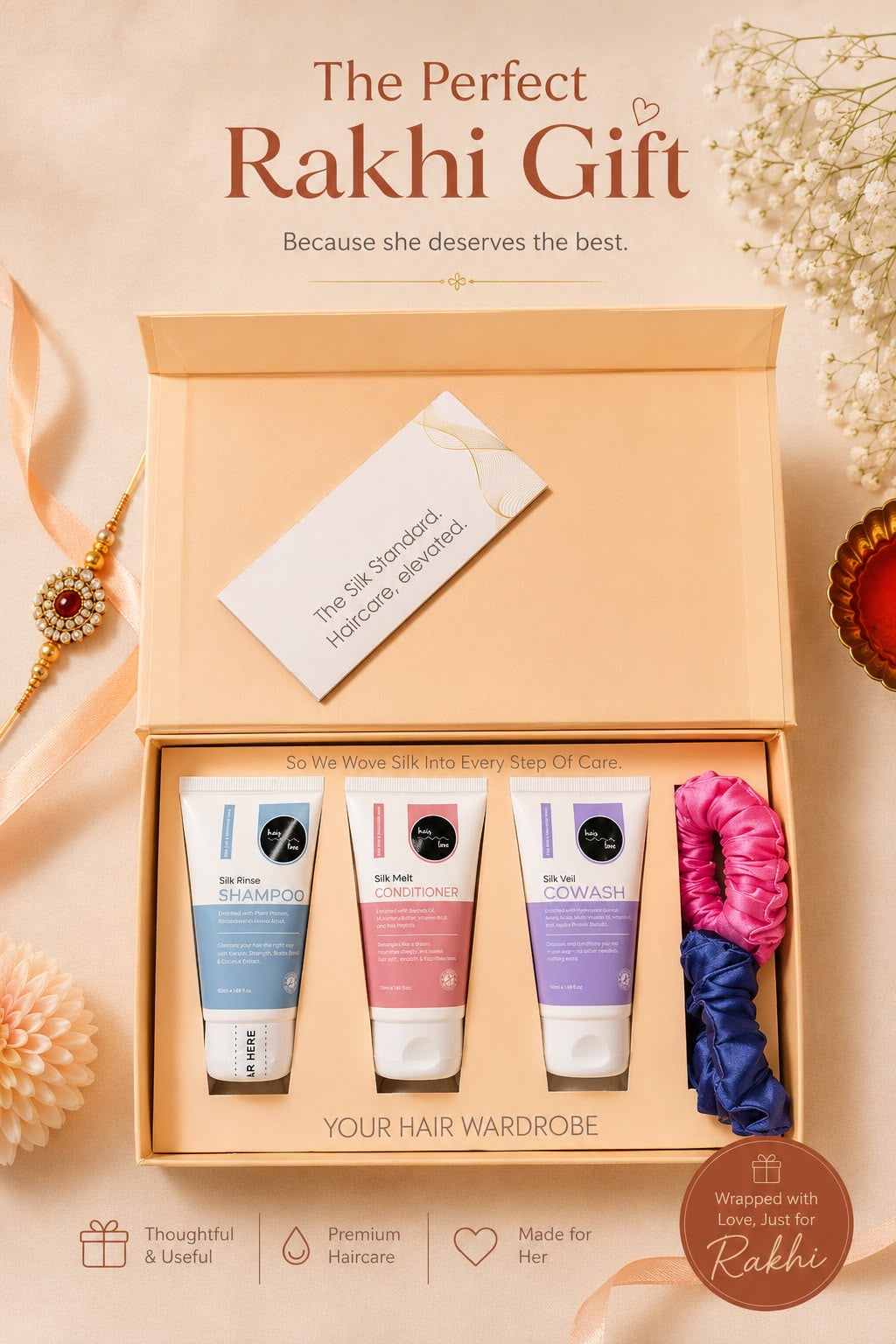 Curly hair Rakhi gift hamper with travel-size hair care essentials and two satin scrunchies.