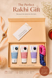 Curly hair Rakhi gift hamper with travel-size hair care essentials and two satin scrunchies.