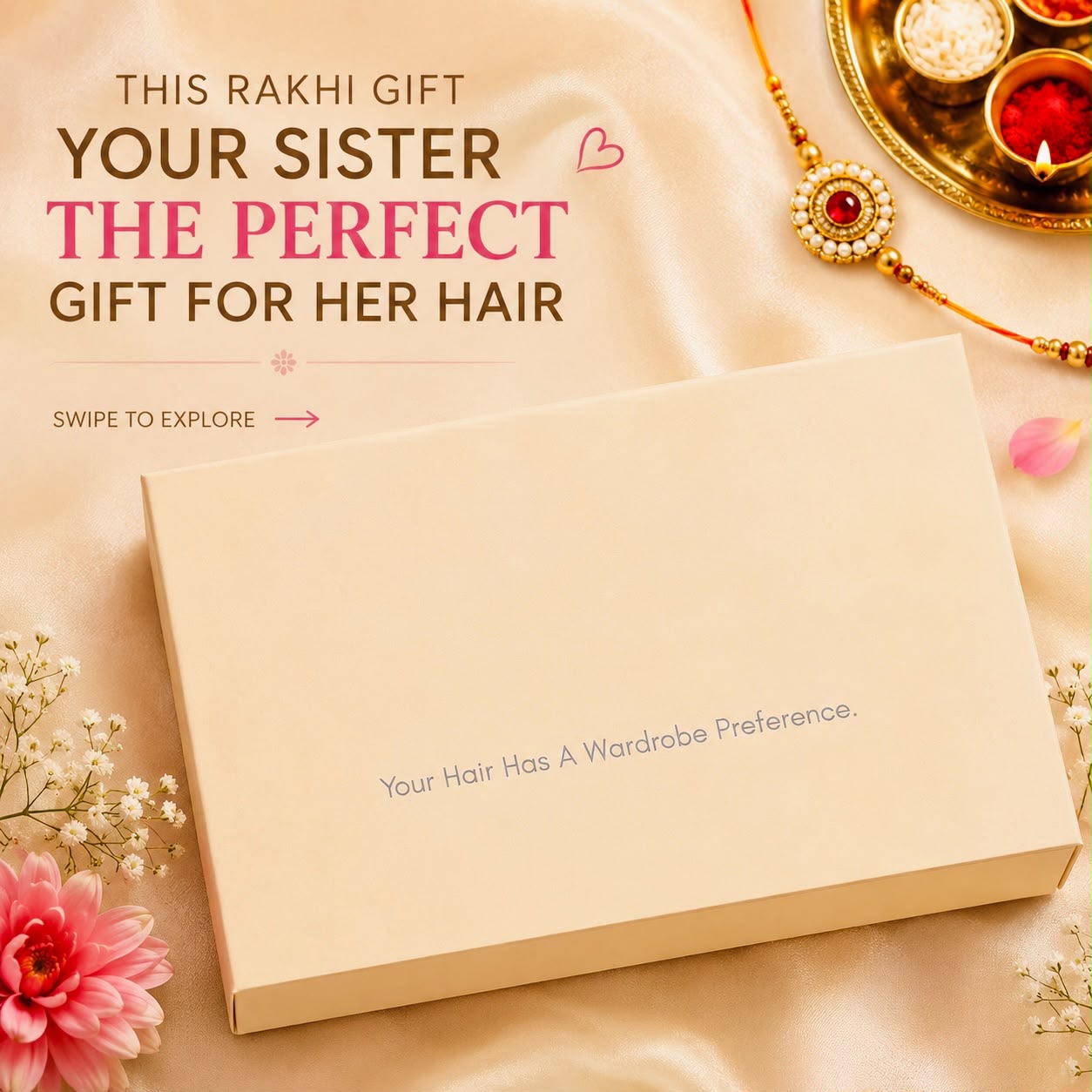 Hair care Rakhi gift box with travel-size shampoo, conditioner, co-wash and premium satin scrunchies.