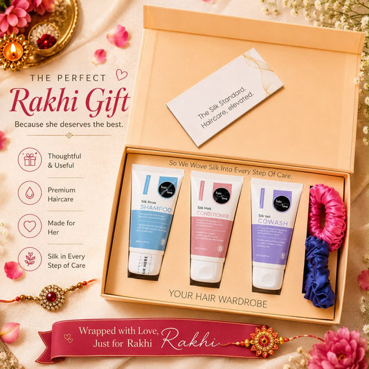 Rakhi gift box for sister in India with travel-size shampoo, conditioner, co-wash and two satin scrunchies.