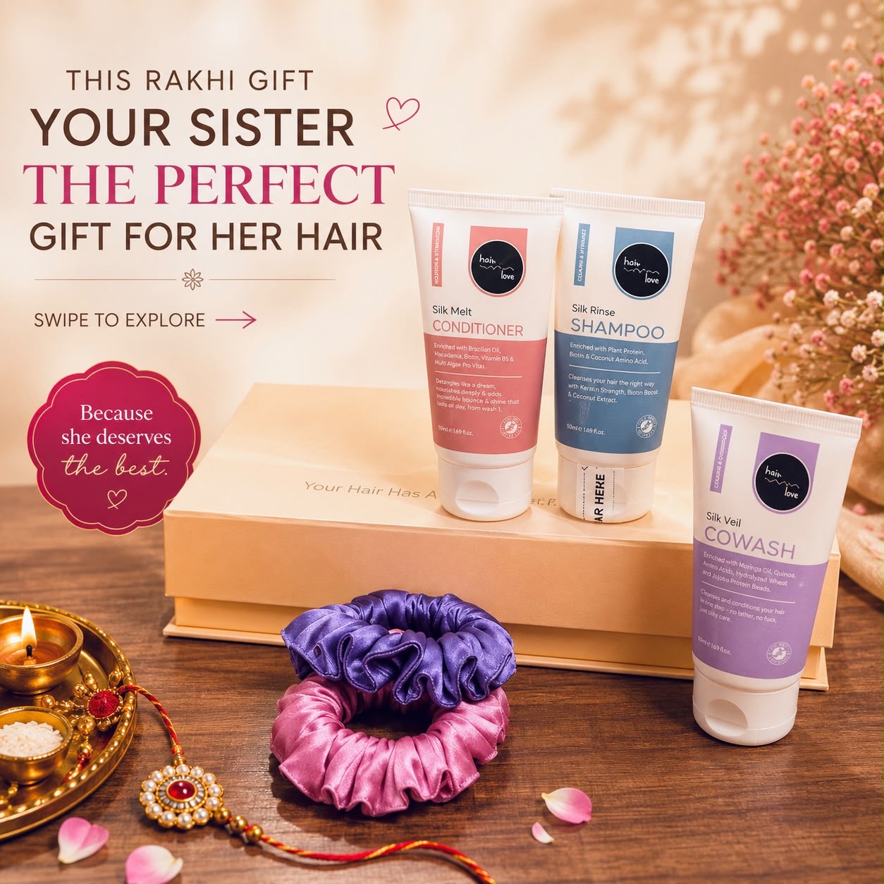 Rakhi gift hamper for women in India featuring travel-size shampoo, conditioner, co-wash and two satin scrunchies.