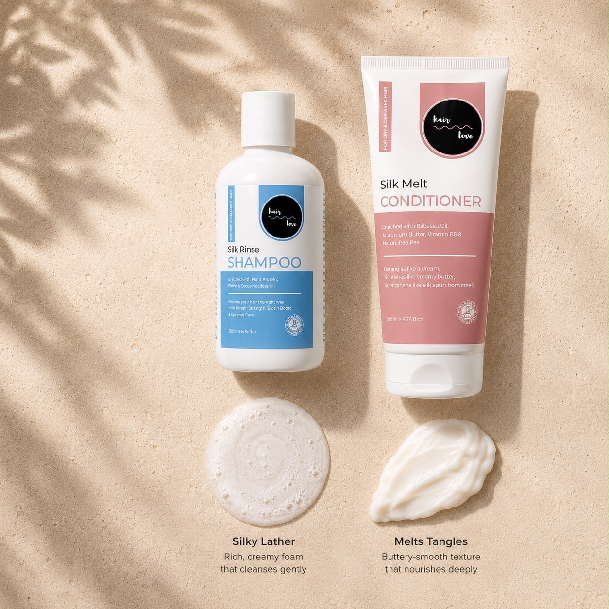 Shampoo and conditioner for dry and damaged hair that gently cleanses and deeply nourishes.