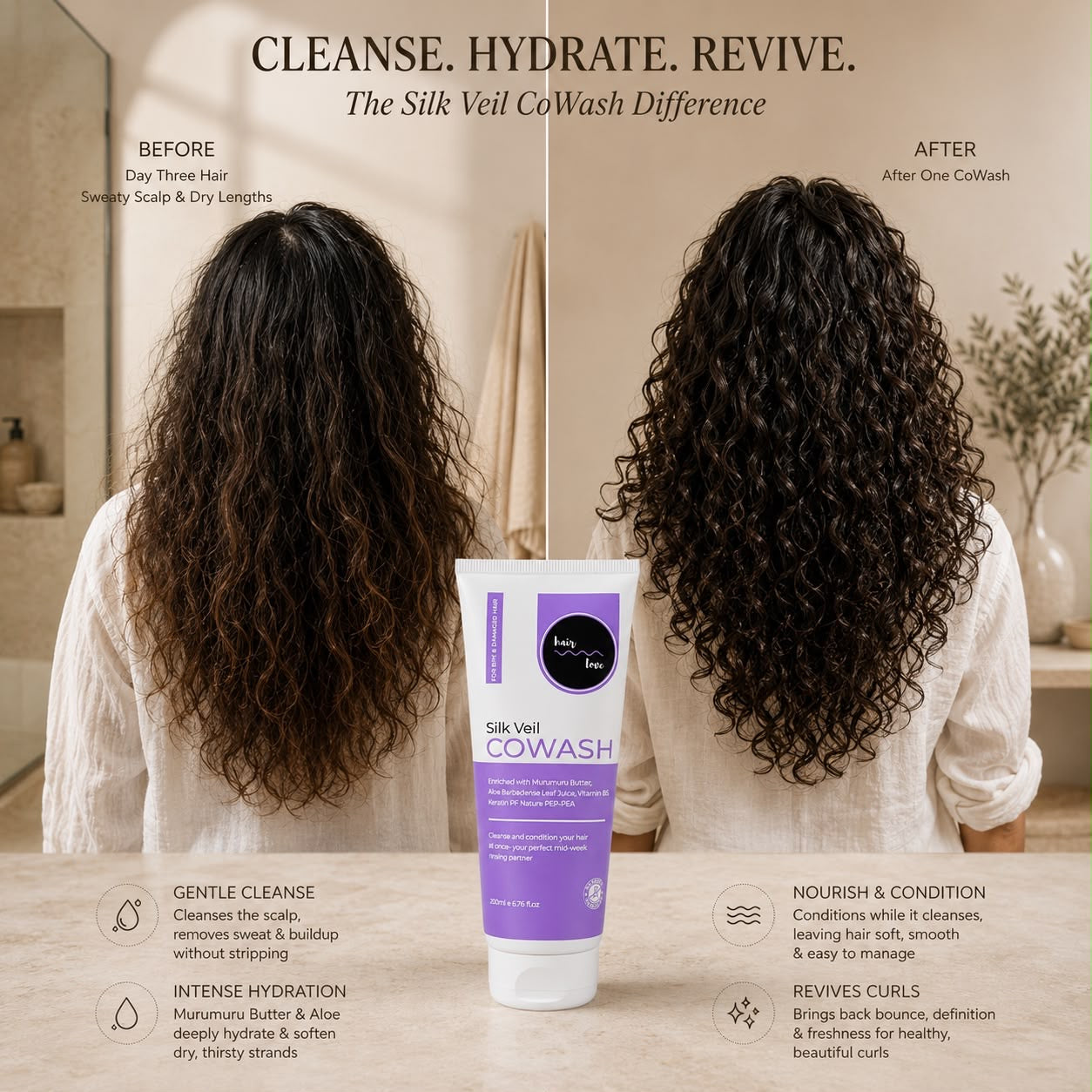 Sulfate-free co-wash in India for dry, curly and wavy hair.