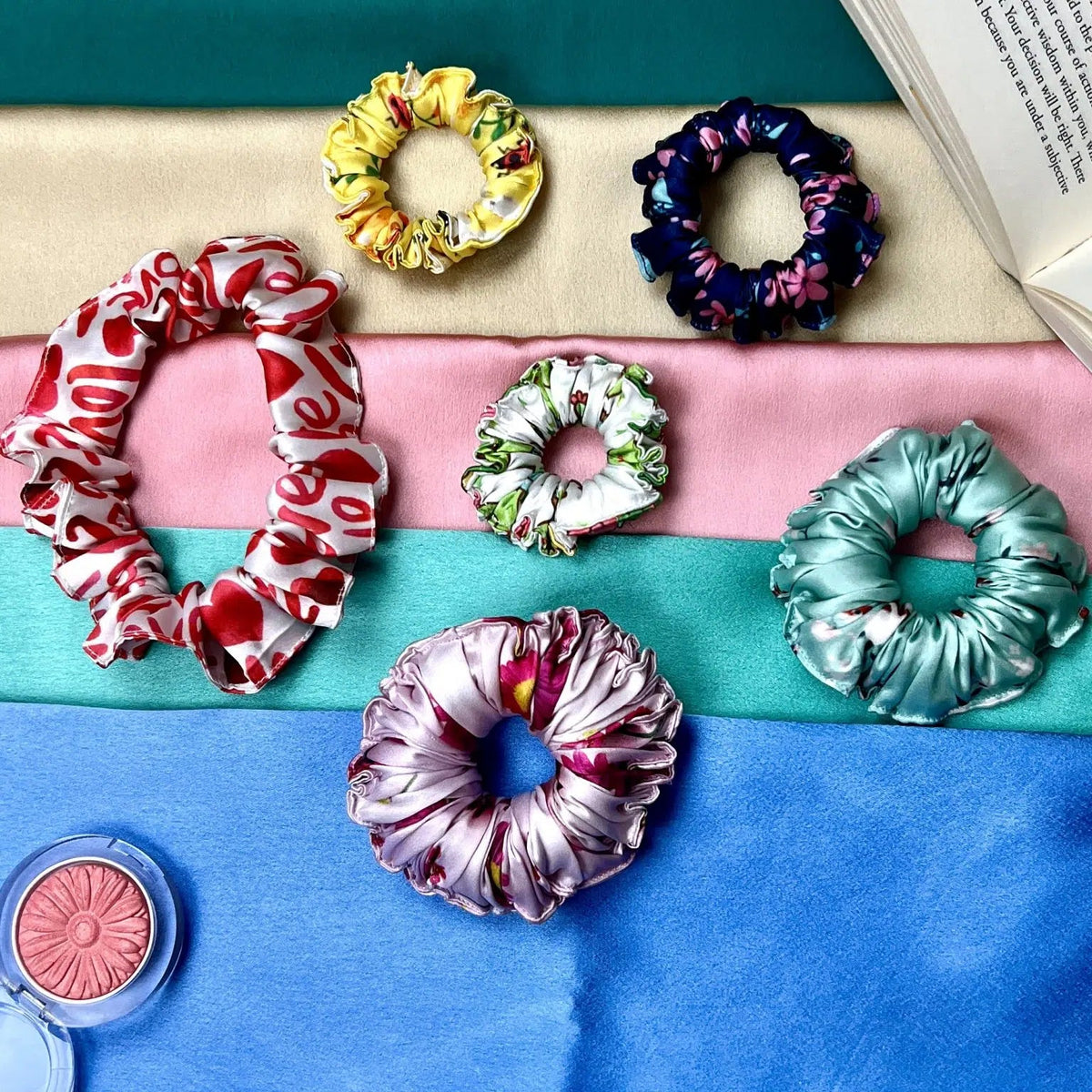 All Sizes Mix Printed Satin Scrunchies (Assorted Random Print Only) Hair Love India